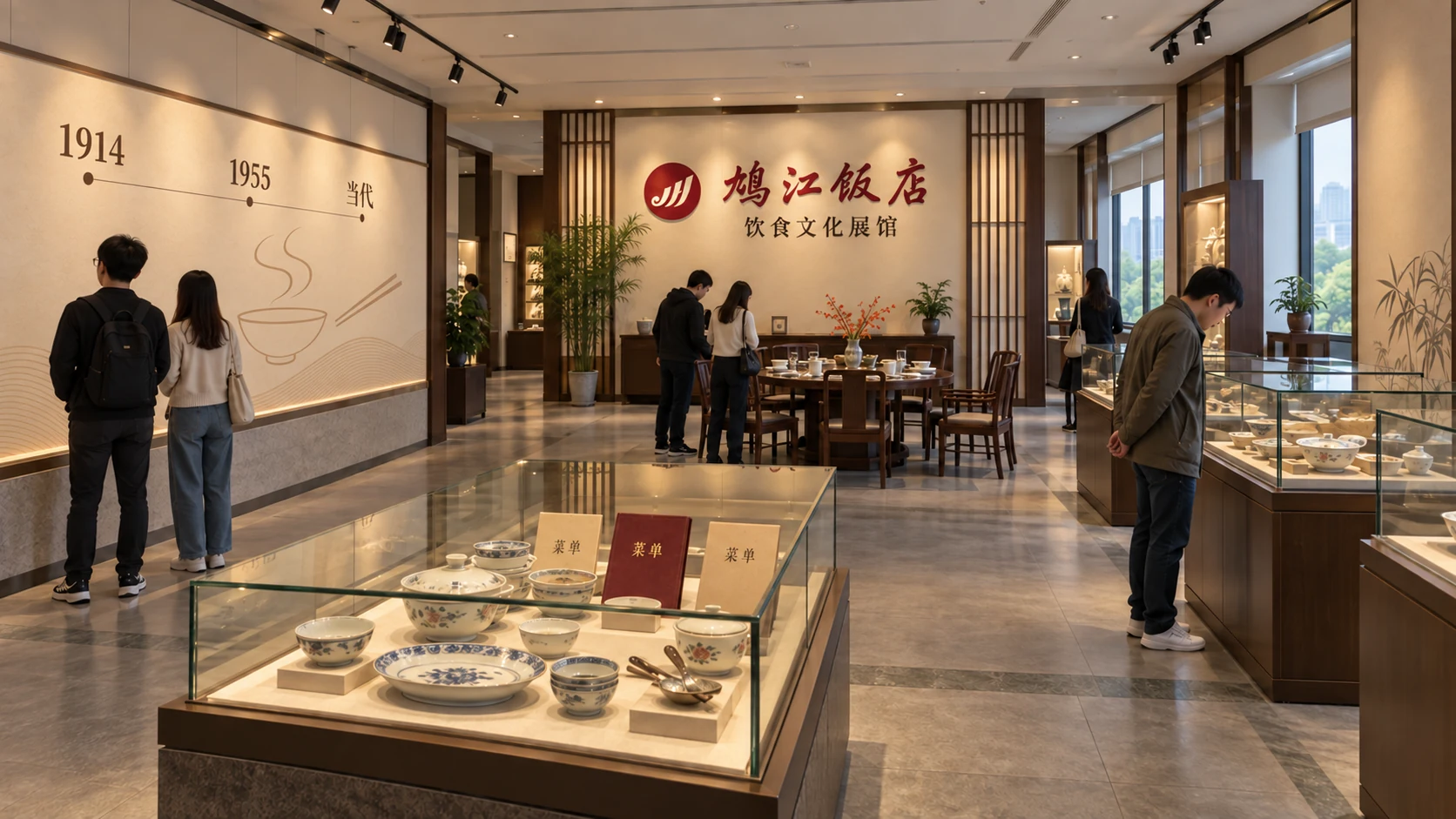 鸠江饭店饮食文化展馆设想，包含品牌历史、餐具展柜、餐桌场景与参观者
