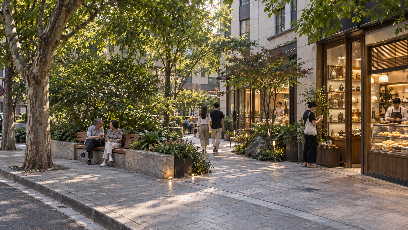 东北侧临街界面更新概念：茶点与手作小店、口袋绿地、公共座椅以及通向内院的步行联系